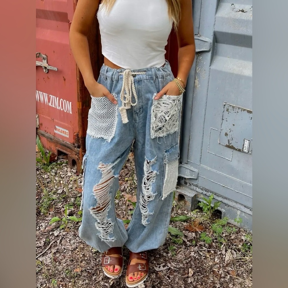 POL Light Blue Lace Patchwork Boyfriend Jeans - Picture 9 of 10
